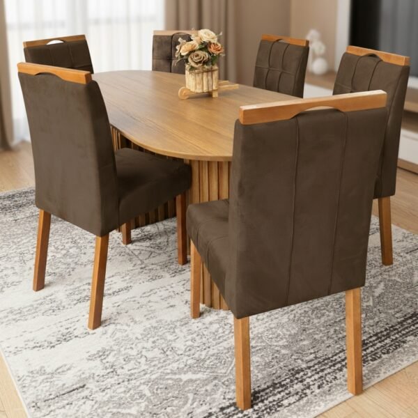 Mesa Isis 180 Freijó com 6 Cadeiras Sophia Veludo Marrom – LEIFER + WM DECOR