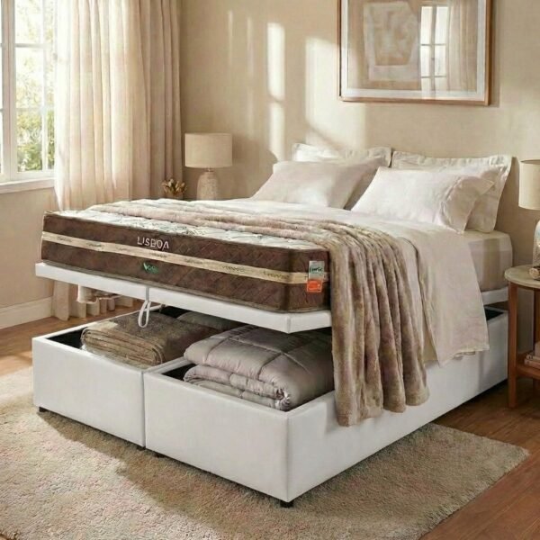 Colchão Queen Lisboa D28 + Base Box Baú Corino Branco – ECOTEC + ALTO NÍVEL CAMAS E COLCHÕES