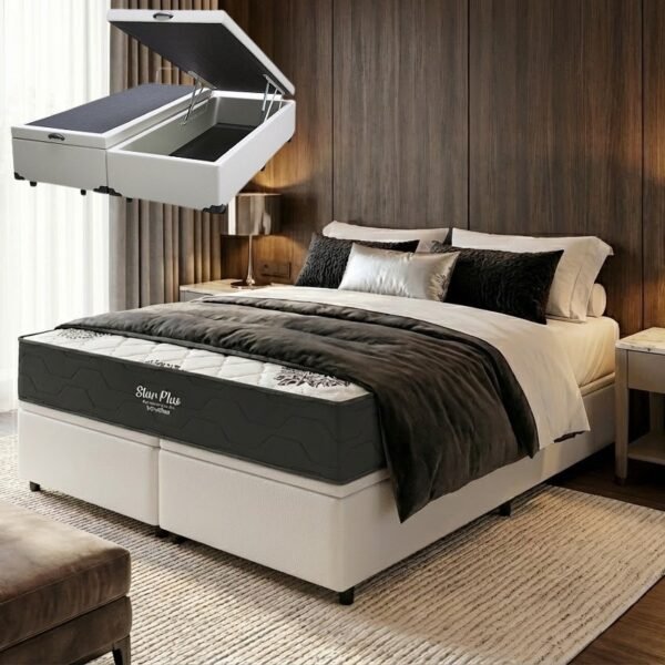 Colchão Queen Star Plus D26 + Base Box Baú Corino Branco – INOVAFLEX + ALTO NÍVEL CAMAS E COLCHÕES