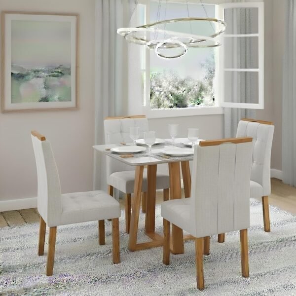 Mesa Bali 90 Cinamomo/Off White com 4 Cadeiras Sophia Linho Cinza Prata 206 – MINASPLAC + WM DECOR