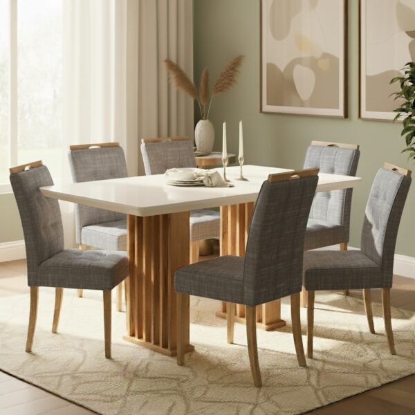 Mesa Mona/Munique 160 Mel/Blonde Off White com 6 Cadeiras Sophia Linho Cinza Grafite 206 – VIERO + WM DECOR