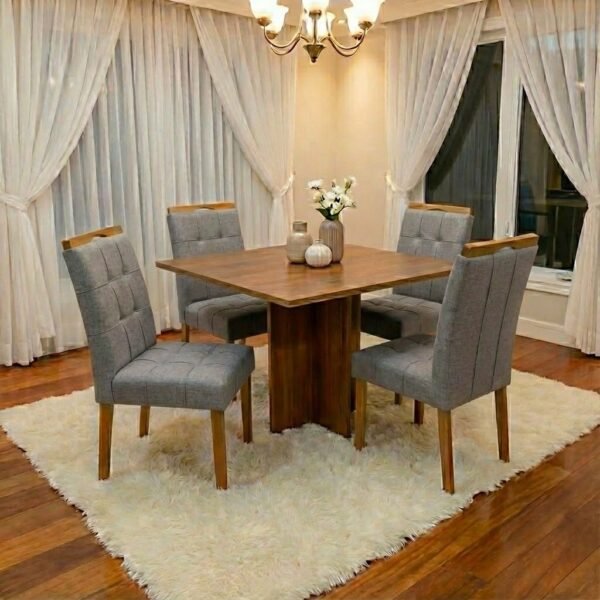 Mesa Salinas 90 (Tampo Londres s/ vidro) Cinamomo com 4 Cadeiras Sophia Linho Cinza Grafite 206 – CEL MÓVEIS + WM DECOR