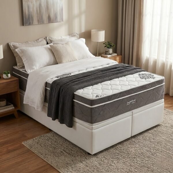 Colchão Queen Essential Pocket D26 + Base Box Baú Corino Branco – INOVAFLEX + ALTO NÍVEL CAMAS E COLCHÕES