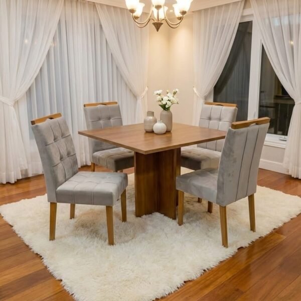 Mesa Salinas 90 (Tampo Londres s/ vidro) Cinamomo com 4 Cadeiras Sophia Veludo Bege – CEL MÓVEIS + WM DECOR
