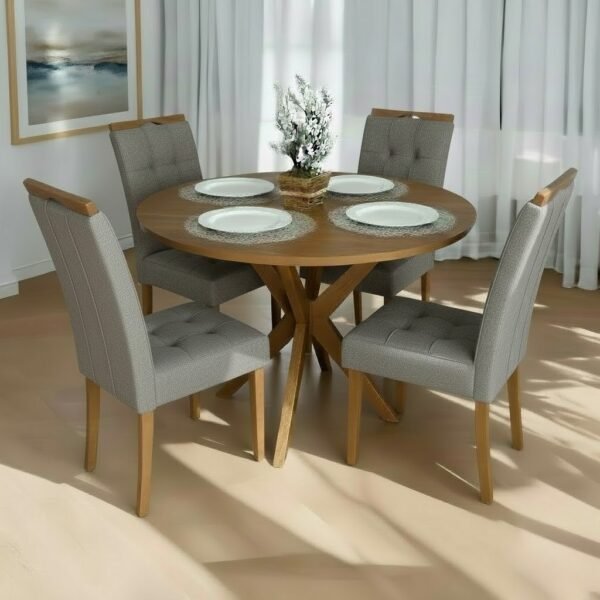 Mesa Redonda Simpatia 108 Cinamomo com 4 Cadeiras Sophia Linho Cinza Grafite 206 – JCM MOVELARIA + WM DECOR