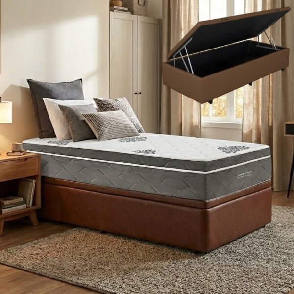 Colchão Solteiro Essential Pocket D26 + Base Box Baú Corino Marrom – INOVAFLEX + ALTO NÍVEL CAMAS E COLCHÕES
