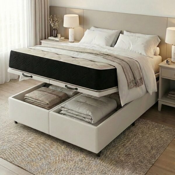 Colchão Queen Premium D45 + Base Box Baú Corino Branco – ECOTEC + ALTO NÍVEL CAMAS E COLCHÕES