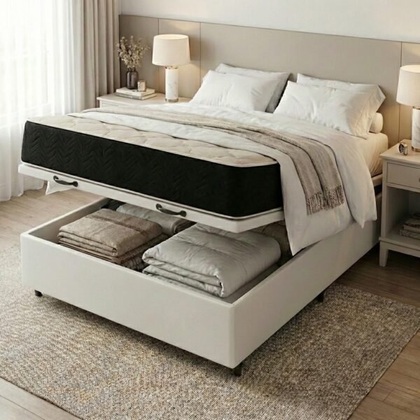 Colchão Casal Premium D45 + Base Box Baú Corino Branco – ECOTEC + ALTO NÍVEL CAMAS E COLCHÕES