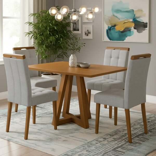 Mesa Alva ME02 120 Canela com 4 Cadeiras Sophia Linho Cinza Prata 206 – KAPPESBERG + WM DECOR