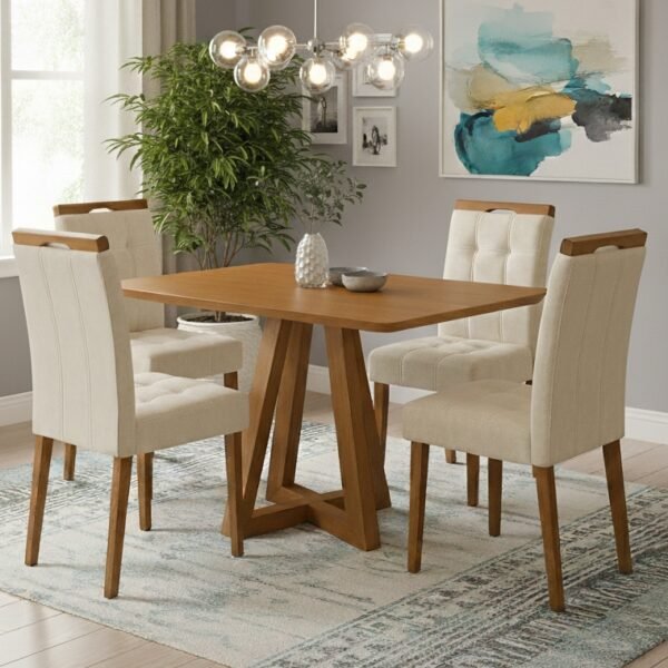 Mesa Alva ME02 120 Canela com 4 Cadeiras Sophia Veludo Bege – KAPPESBERG + WM DECOR