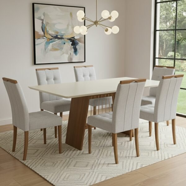 Mesa Damiana BA56 160 Canela/Off White com 6 Cadeiras Sophia Linho Cinza Prata 206 – KAPPESBERG + WM DECOR