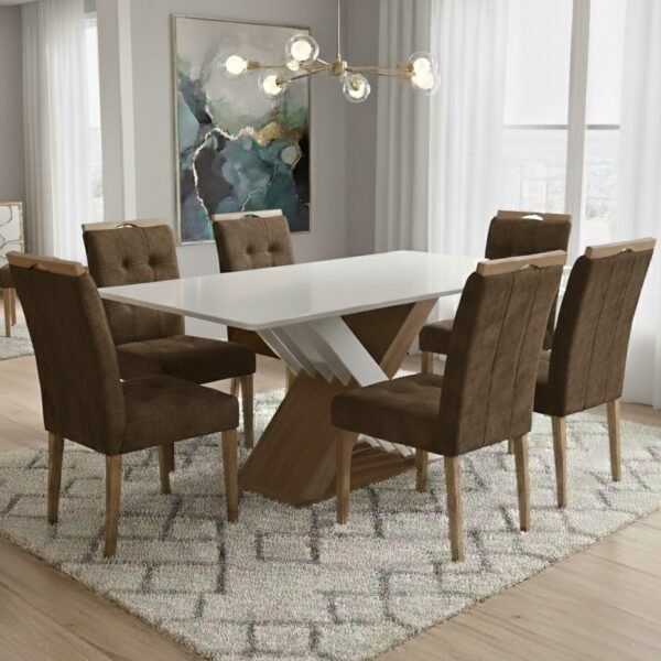 Mesa Graviola BA29 160 Canela/Off White com 6 Cadeiras Sophia Veludo Marrom – KAPPESBERG + WM DECOR