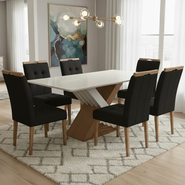 Mesa Graviola BA29 160 Canela/Off White com 6 Cadeiras Sophia Veludo Preto – KAPPESBERG + WM DECOR