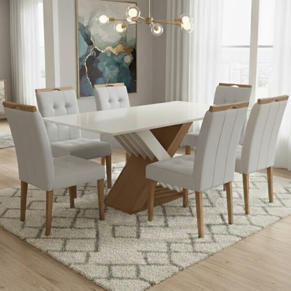 Mesa Graviola BA29 160 Canela/Off White com 6 Cadeiras Sophia Linho Cinza Prata 206 – KAPPESBERG + WM DECOR