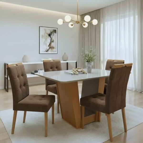 Mesa Apogeu (Tampo Maxi) 120 Amêndoa Clean/Off White com 4 Cadeiras Sophia Veludo Marrom – LOPAS + WM DECOR