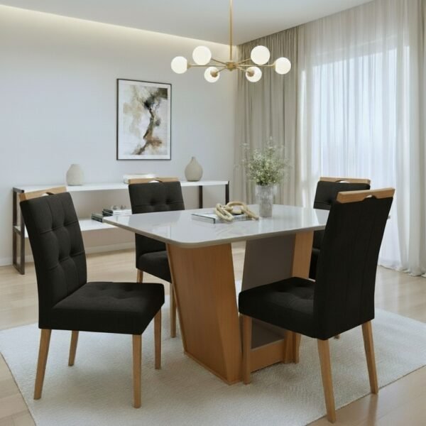 Mesa Apogeu (Tampo Maxi) 120 Amêndoa Clean/Off White com 4 Cadeiras Sophia Veludo Preto – LOPAS + WM DECOR
