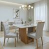 Mesa Apogeu (Tampo Maxi) 120 Amêndoa Clean/Off White com 4 Cadeiras Sophia Linho Cinza Prata 206 – LOPAS + WM DECOR