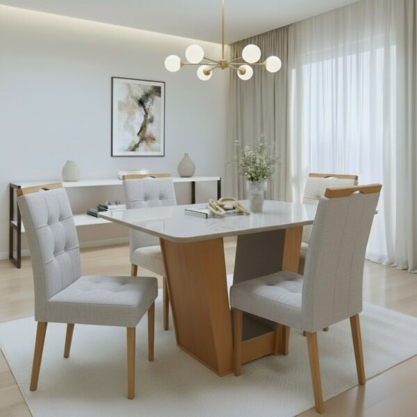 Mesa Apogeu (Tampo Maxi) 120 Amêndoa Clean/Off White com 4 Cadeiras Sophia Linho Cinza Prata 206 – LOPAS + WM DECOR