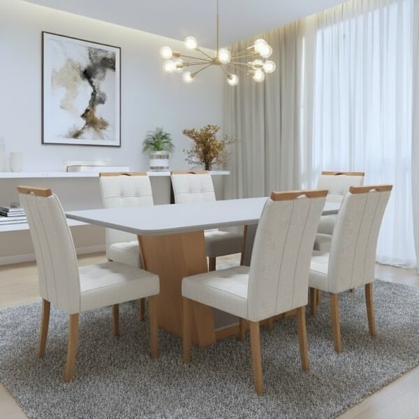 Mesa Apogeu (Tampo Maxi) 170 Amêndoa Clean/Off White com 6 Cadeiras Sophia Linho Cinza Prata 206 – LOPAS + WM DECOR