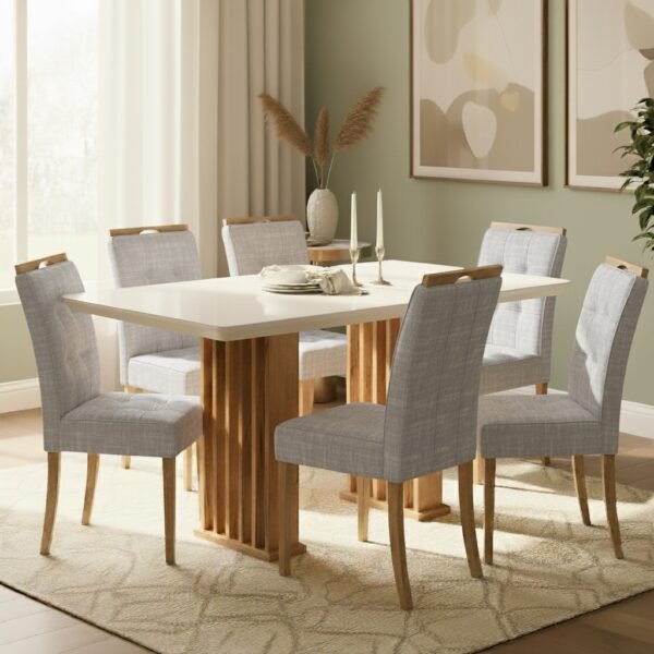 Mesa Mona/Munique 160 Mel/Blonde Off White com 6 Cadeiras Sophia Linho Cinza Prata 206 – VIERO + WM DECOR