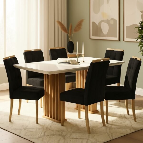 Mesa Mona/Munique 160 Mel/Blonde Off White com 6 Cadeiras Sophia Veludo Preto – VIERO + WM DECOR