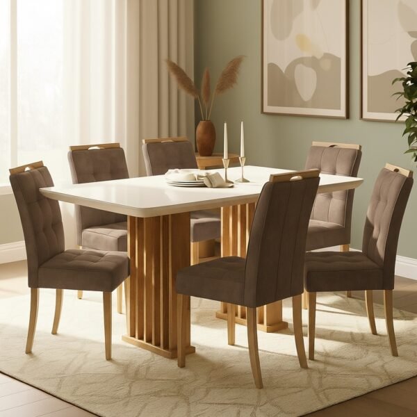 Mesa Mona/Munique 160 Mel/Blonde Off White com 6 Cadeiras Sophia Veludo Marrom – VIERO + WM DECOR