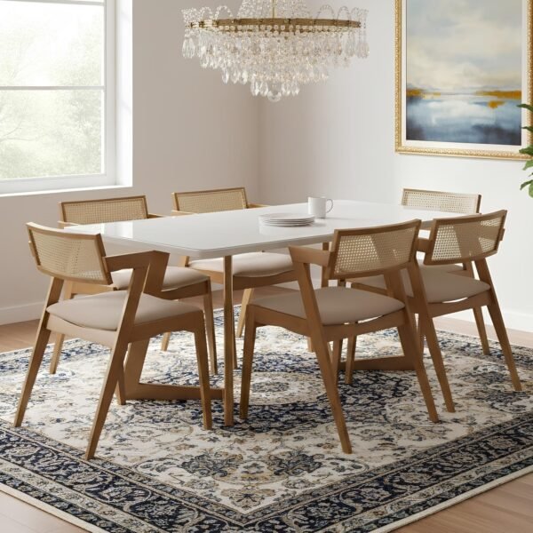 Mesa Miami 160 Canela/Off White com 6 Cadeiras Zeus Canela/Linho Bege – SALA VIP MOVELARIA