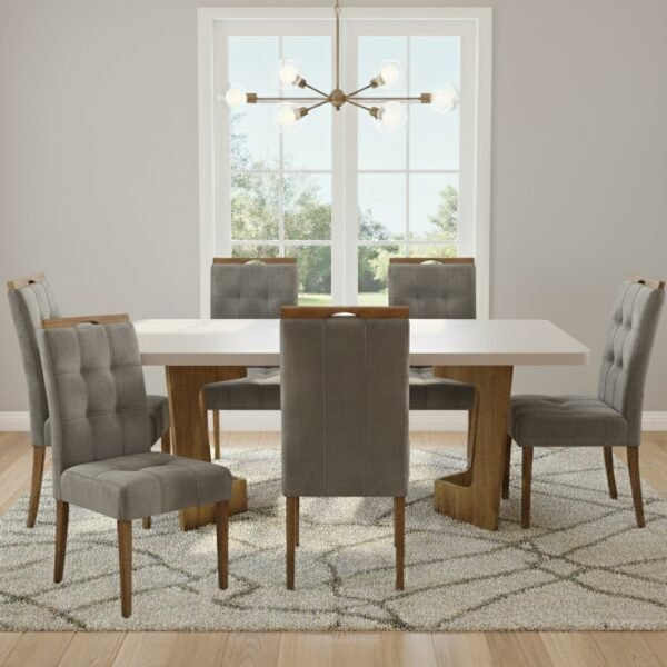 Mesa Liz 160 (Tampo 40 mm) Cinamomo/Off White com 6 Cadeiras Sophia Veludo Cinza Grafite – VALDEMÓVEIS + WM DECOR