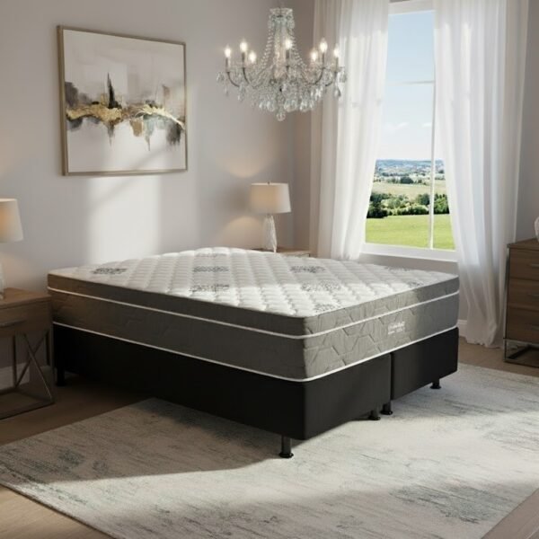 Colchão Queen Essential Pocket D26 + Base Box Simples Corino Preto – INOVAFLEX + BIOSTAR