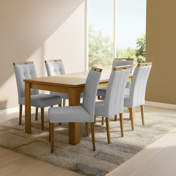 Mesa Athenas 180 Amêndoa Clean com 6 Cadeiras Sophia Linho Cinza Prata 206 – LOPAS + WM DECOR