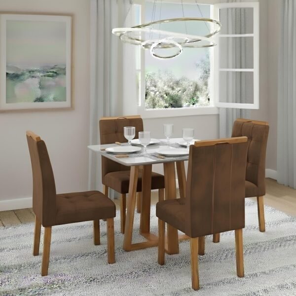 Mesa Bali 90 Cinamomo/Off White com 4 Cadeiras Sophia Veludo Marrom – MINASPLAC + WM DECOR