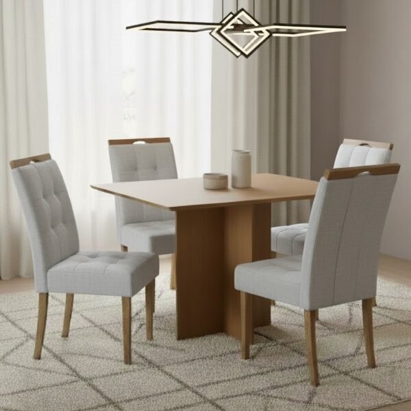 Mesa Pérola 120 Imbuia Mel (Tampo Viena s/vidro) com 4 Cadeiras Sophia Linho Cinza Prata 206 – CARVALHO DECOR + WM DECOR