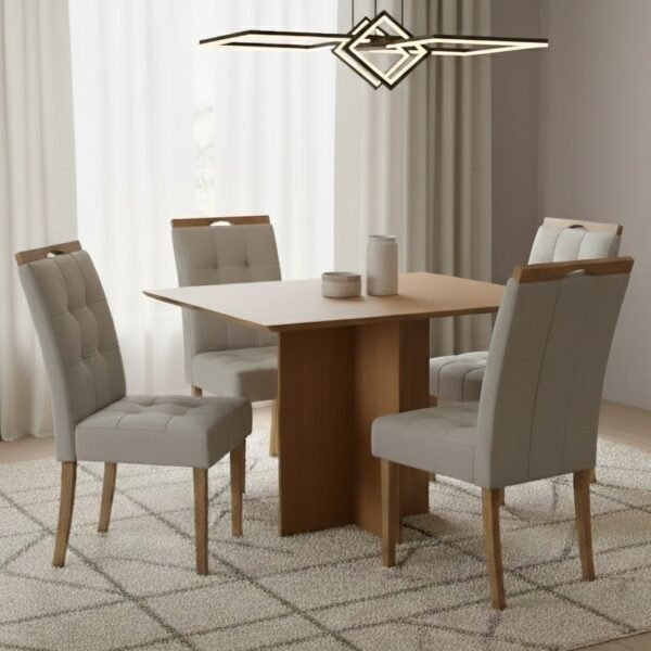 Mesa Pérola 90 Imbuia Mel (Tampo Viena s/vidro) com 4 Cadeiras Sophia Veludo Bege – CARVALHO DECOR + WM DECOR