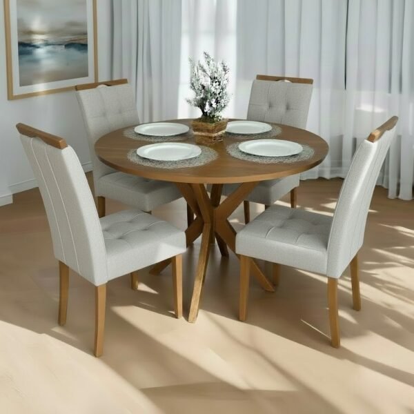 Mesa Redonda Simpatia 108 Cinamomo com 4 Cadeiras Sophia Linho Cinza Prata 206 – JCM MOVELARIA + WM DECOR