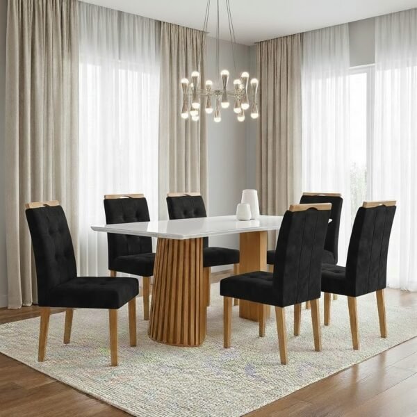 Mesa Nevada 170 (Tampo Smart Plus) Cinamomo/Off White com 6 Cadeiras Sophia Veludo Preto – CEL MÓVEIS + WM DECOR