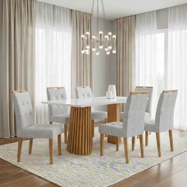Mesa Nevada 170 (Tampo Smart Plus) Cinamomo/Off White com 6 Cadeiras Sophia Linho Cinza Prata 206 – CEL MÓVEIS + WM DECOR