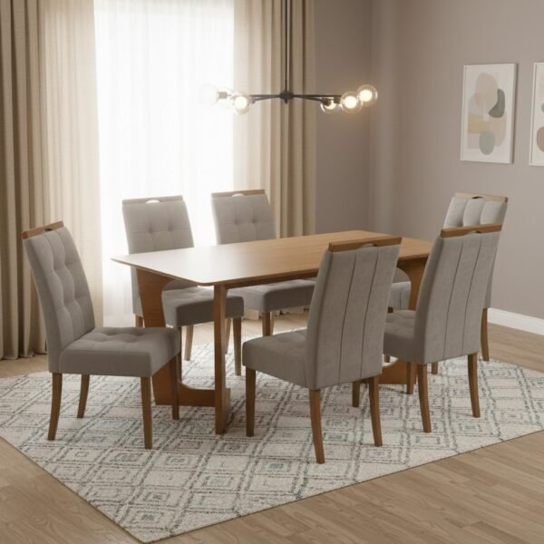 Mesa Dubai 160 (Tampo Londres s/vidro) Cinamomo com 6 Cadeiras Sophia Veludo Bege – CEL MÓVEIS + WM DECOR