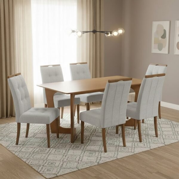 Mesa Dubai 160 (Tampo Londres s/vidro) Cinamomo com 6 Cadeiras Sophia Linho Cinza Prata 206 – CEL MÓVEIS + WM DECOR