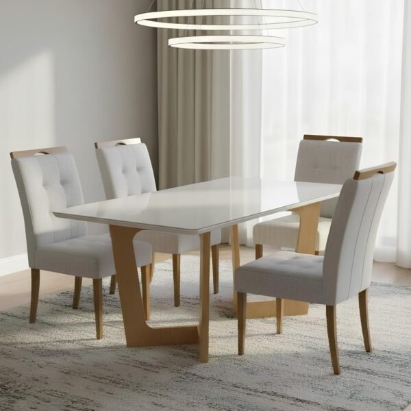 Mesa Dubai 120 (Tampo Londres) Cinamomo/Off White com 4 Cadeiras Sophia Linho Cinza Prata 206 – CEL MÓVEIS + WM DECOR