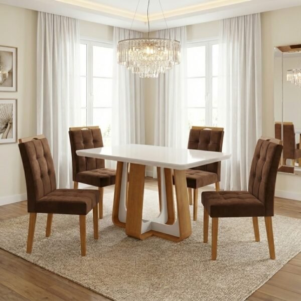 Mesa Sintonia (Tampo Maxi) 120 Amêndoa Clean/Off White com 4 Cadeiras Sophia Veludo Marrom – LOPAS + WM DECOR