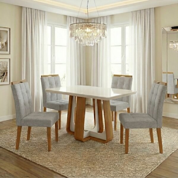 Mesa Sintonia (Tampo Maxi) 120 Amêndoa Clean/Off White com 4 Cadeiras Sophia Linho Cinza Prata 206 – LOPAS + WM DECOR