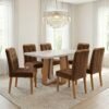 Mesa Sintonia (Tampo Maxi) 170 Amêndoa Clean/Off White com 6 Cadeiras Sophia Veludo Marrom – LOPAS + WM DECOR