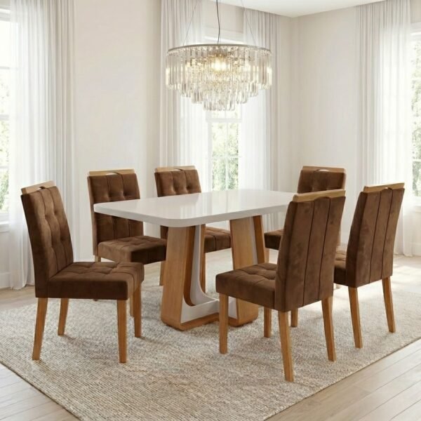 Mesa Sintonia (Tampo Maxi) 170 Amêndoa Clean/Off White com 6 Cadeiras Sophia Veludo Marrom – LOPAS + WM DECOR
