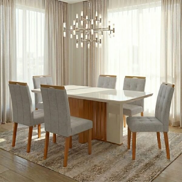 Mesa Astrid (Tampo Maxi) 170 Amêndoa Clean/Off White com 6 Cadeiras Sophia Linho Cinza Prata 206 – LOPAS + WM DECOR