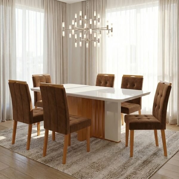 Mesa Astrid (Tampo Maxi) 170 Amêndoa Clean/Off White com 6 Cadeiras Sophia Veludo Marrom – LOPAS + WM DECOR