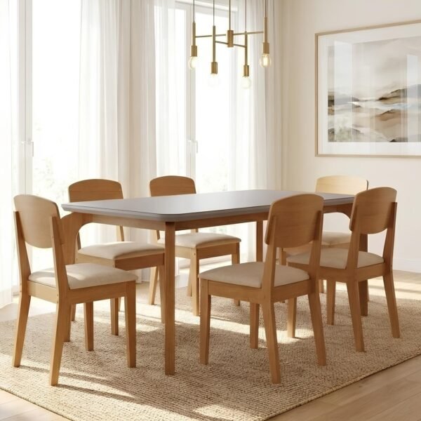 Mesa Londrina 180 Naturale/Off White com 6 Cadeiras Havana Veludo Creme – RUFATO