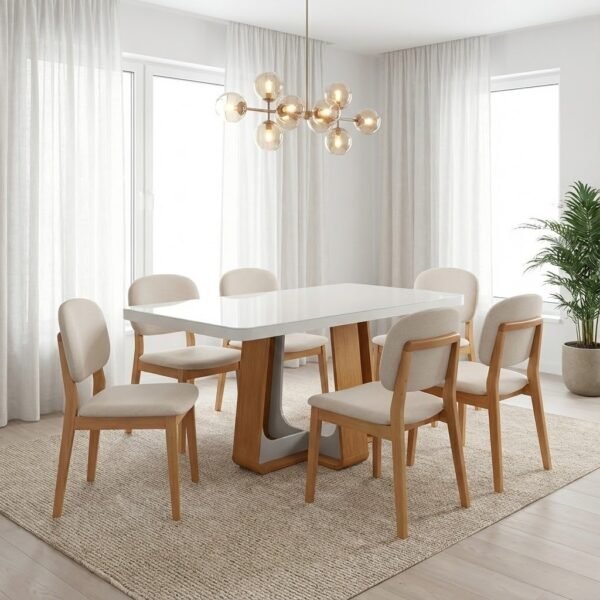 Mesa Sintonia (Tampo Maxi) 170 Amêndoa Clean/Off White com 6 Cadeiras Gaya Linho Bege 01 – LOPAS + J SILVA MÓVEIS