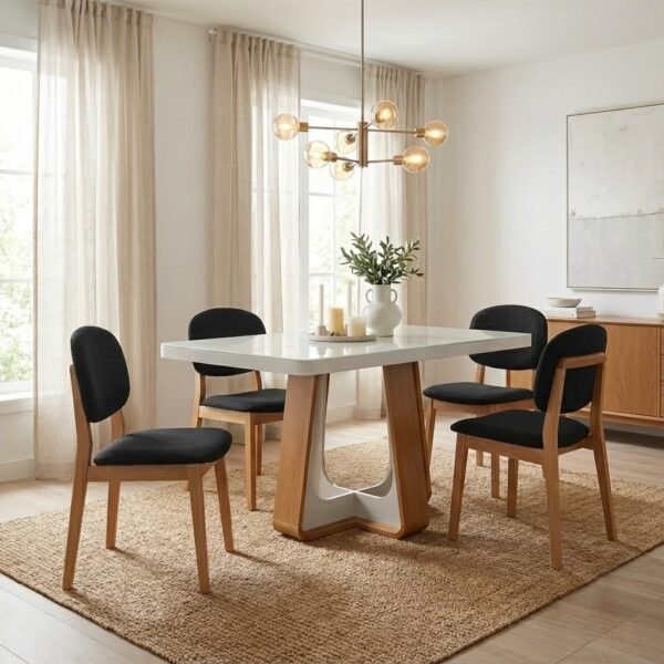 Mesa Sintonia (Tampo Maxi) 120 Amêndoa Clean/Off White com 4 Cadeiras Gaya Linho Preto 09 – LOPAS + J SILVA MÓVEIS