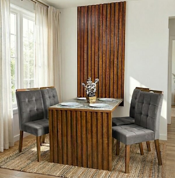 Mesa Cancun 120 Cinamomo/Off White com 4 Cadeiras Sophia Veludo Cinza Grafite – CEL MÓVEIS + WM DECOR