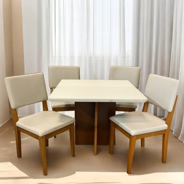 Mesa Salinas 120 Cinamomo/Off White com 4 Cadeiras Pérola Linho Bege– AVALON DECOR + DOBUÊ MOVELARIA